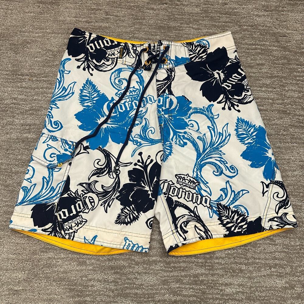 Corona Swim Trunks Mens 32 White Blue Floral Tropical Colorful Beach Resort